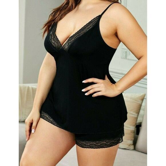 Women's Lingerie Black Lace Trim Vneck Pajama Set Camisole Tank Top Shorts 2X - Picture 2 of 4